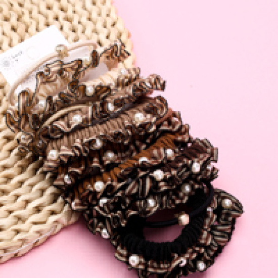 Large product photo - Basket Coffee Beaded Lace Fabric Hair Tie (2+1), 000000138. Option #3