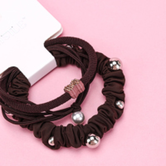 Large product photo - Coffee Bow Diamond Beaded Accessory Hair Tie (3pcs), 000000157. Option #2