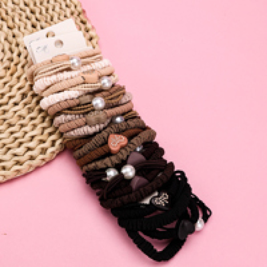 Large product photo - Peach Heart Pearl Accessory Coffee Hair Tie (3pcs), 000000159. Option #3